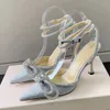 Strass Damen Sandalen Stilettos Kristall Schleife Satin Sommer Damen Echtes Leder Super Heels Party Ball Schuhe 35-42 Größen