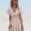 Allover Ditsy kwiatowy nadruk Ruffle rąbek A-line sukienka Summer Kobiety różowy rękaw Elastyczna talia