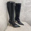 Lambskin Leather Leather Knee High Boots Buckle ship ship ship ship pointed toe shiletto keel tall boot boot shoes for women factory footwear