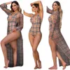 Moda Summer Summer Plaid Impresso Ruos de biquíni de decote feminino e manga longa Casual Cabo 2 Conjuntos de peças K7112