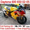 Daytona600 Daytona650 02-05 gövdeli için motosiklet bodys.204 Cowling Daytona 650 600 cc 02 03 04 05 Daytona 600 2002 2004 2004 2005 ABS Fairing Kiti Sarı Kırmızı