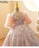 2022 Bling Beaded Crystal Flower Girls Dresses For wedding Tulle Floor Length Beach Girl Pageant Party sequined Gowns Tulle Skirt Formal Kids Wear