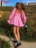TTQV Sexy Deep V-Dred-deter-Druk damska sukienka moda Doll Kołnierz Lantern Sukni