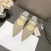 Women Sandals Designers Rhinestone Heels Flat Half Slippers Leather Lined Glitter Tulle Mules Pointed Toe High Heel with Box Size 35-40