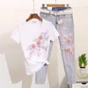 Chándales de mujer Amolapha mujeres 3D flores bordado con cuentas camiseta Jeans pantalón conjunto señora niñas Casual suelta ropa de mezclilla traje de mujer