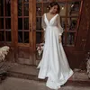 New Open Back V-Neck Boho Vintage Sheer Sleeves Wedding Dress Beach Country Satin Ruched Bride Gown Wedding Gown
