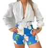 Spring 2022 European shirt and American casual suit v-neck long sleeve pure color shirt top printed shorts two-piece set