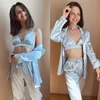 HECHAN Sexy Pajamas Female Satin Robe With Bra 3 Piece Set Home Suit For Women Sleepwear Long Sleeve Casual Spring Summer 220329