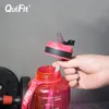 Quifit Water Bottle 2L / 3.8L مع قبعة القش، الزيادة الزمنية، BPA مجانا. مناسبة للياقة البدنية وزجاجات المياه للغالون المنزلية 220307