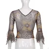 Sweetown Summer Fashion Vintage Lace Mesh Top T-shirt con stampa floreale Donna Mezza manica svasata con scollo a V Elegante t-shirt marrone 220408