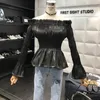 Женские блузкие рубашки Amolapha Женщины Shinner Ruffled Slash Seck Flare рукав твердый сексуальная женщина повседневная стройная Topswomen's