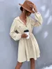 Women's Casual Dresses Spring Autumn Elastic Waist Solid Color Turn-Down Collar Long Sleeve Dress Single breasted temperamental commute with belt A-line skirt