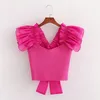 Women Ruffled organza sleeve Bow Tank Tops Summer Square collar Knitted Slim Female crop tops Party club INKEO 9T185 220318