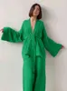 2022 New Women's Nightgown Robe Pajama Sets Flare Nightgown Trouser Suits Drop Sleeves Set 100% Cotton Woman 2 Pieces Bathrobe T220729