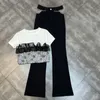 Women's Two Piece Pants Short 2022 Sleeve Black White Patchwork Lace T Shirt Rhinestone Hollow Out Waist Long Flare Set GF358Women's