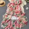 Spring European American Floral Maxi Vestidos Womens Casual Dresses Diagonal Collar One-Shulder Ruffled Temperament Dress 2022