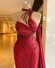 取り外し可能な列車のノースリーブハイネックスパンコールイブニングドレスリアルイメージプラスサイズの豪華な赤人のプロムドレス