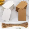 Etiquetas de presente de papel kraft com suprimentos de embrulho de presente de corda Etiqueta em branco para festa de casamento Outono Presente de Natal Marrom Branco Retângulo Pendurar