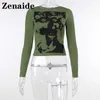 Zenaide verde gótico manga larga Crop Top Y2K mujeres primavera Harajuku Sexy estampado Grunge moda estética Vintage camiseta 220407