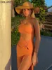 Un hombro recortado Bodycon vestido Sexy plisado hendidura playa vestido de fiesta mujeres verano sin mangas espalda descubierta Midi vestido negro naranja 220510
