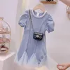 Meisjesjurken kinderen zomer voor meisjes boog parel prinses baby jurk meisje puff mouwen feestvestidos kinderen kleding denim