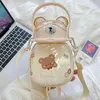 Cartoon bear plastic Water Bottles with straps for children's portable outdoor straw cup students cross drinking water bottle EE