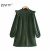 Zevity Women Agaric Lace Solid Color Pleats Shirt Dress Office Ladies Lantern Sleeve Breasted Casual Business Vestido DS4601 210303