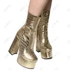 Rontic New Fashion Women Platform Ankel Boots Stenmönster Unisex Chunky Heel Silver Black Gold Night Club Skor US Storlek 4-10.5