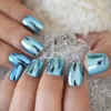 Falska naglar ljusblå klistermärken på nagelspetsar Kort squoval form falsk spegel yta för tjej prud22