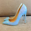 Designer-Free Shipping Fashion Women Blue Glitter Strass Point Toe Skor Högklackat Tunna Heeled Skor Pumpar Äkta Läder 10cm Stor Storlek Si