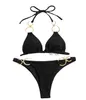 Slim Swimsuit Black Sexy Triangle Ring Solid Color Special Fabric Big Hang Strip Swimsuit