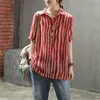 Fje stijl zomer dames shirt plus maat korte mouw losse casual dames tops gestreepte katoenen linnen vintage vrouwelijke blouse d4 210326