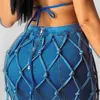 Casual Dresses Woman 2sts Denim Jean Dress Set Solid Color Halter V Neck Bra Tassel Hollow Out Kirt S-2XL My715Casual