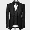 Senaste Bröllop Tuxedos Coat Pant Designs Fashion Glänsande Svart Män Passar för Groom Wear Slim Fit Terno Masculino Prom Party 3 stycken (Jacka + Vest + Byxor + Bowtie)