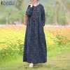 Vintage kvinnors tryckt klänning zanzea vår sundress casual långärmad maxi vestidos kvinnlig blommig ihålig mantel överdimensionerad 220713