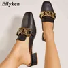 Zapatillas Eilyken Diseño de moda Resbalón en el exterior Mulas Cadena Sandalias británicas Punta cuadrada Tacones bajos Zapatos deslizantes Mujeres Bombas 220329