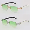 Lunettes de soleil en métal sans monture avec diamants micro-pavés de créateur Original blanc à l'intérieur des lunettes de soleil en corne de buffle noir Or 18 carats UV400 Lentille Homme Femme Wrap Taille du cadre: 57