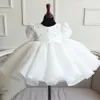 Vestido recém-nascido de renda branca para festa de bebê menina manga curta miçangas tule infantil vestido de aniversário de 1 ano princesa roupas de batismo244k