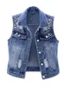 JMPRS Denim Women Vest Luxury Pearls Fashion Ripped Autumn Jeans Jacket Sleeveless Loose Short Coat Causal Waistcoats 5XL 220715