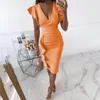 Sexy V-ausschnitt Schlank Büro Dame Rüschen Kurzarm Bodycon Knielange es Für Frauen Casual Sommer Frau Arbeit Kleid 220608