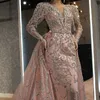 Pink Mermaid Evening Gowns Women Party Dress Full Lace Beading Feather Prom Dresses Long Sleeves High Neck Robe De