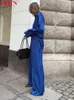 Ootn Blue Satin Office Zestawy Kobiety Eleganckie długie rękawowe kołnierze wiosenne sprężyste talia szerokie spodnie nogi garnitury Kobiety 2022 T220729