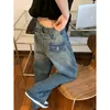 Blue Womens Straight Jeans High midja American Style Streetwear Vintage Pants Chic Design Casual Ladies Denim Wide Leg Trouser 220701