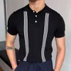 Vintage Polo Shirt Men Stripe Print Patchwork Knitting Casual Lapel Pullover Summer Fashion krótkie rękawy Slim 220614