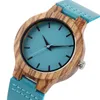 Armbanduhren Elegante Damen Kreative Blaue Handgefertigte Quarz-Holzuhr Echtes Lederarmband Einfache Mode Holzarmbanduhr Geschenk Weiblich