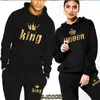 Fashion Couple Sportwear Set KING or QUEEN Printed Hooded Suits 2PCS Male and Femaie Hoodie Pants 220325