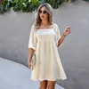 Sukienki swobodne Sun Kobiety Summer Maxi Boho Backless Square Szyja linia plażowa mini sukienka z krótkim rękawem Wintercasual