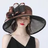 16cm Wide Women Brim Flower Mesh Sun Hat Lady Bow Summer Beach Church Derby Dress Fascinator Bridal Party Wedding 2106081022448