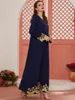 الملابس العرقية Wepbel Djellaba العيد Abaya المسلمين اللباس النساء غير الرسمي الطويل الأكمام الدانتيل الأزرق المطرز Maxi Kaftan الإسلامي