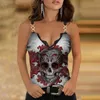 Camiseta camisola estampada con cuello en V y decoración de encaje de verano, camiseta de talla grande informal sin mangas para mujer, ropa Sexy de moda 220318